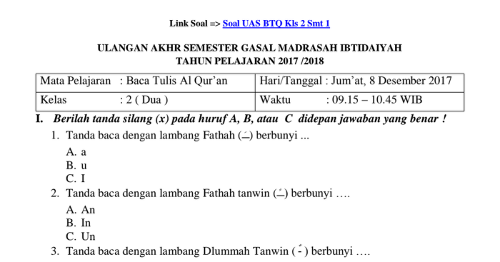 Soal btq kelas 2 semester 2 dan kunci jawaban