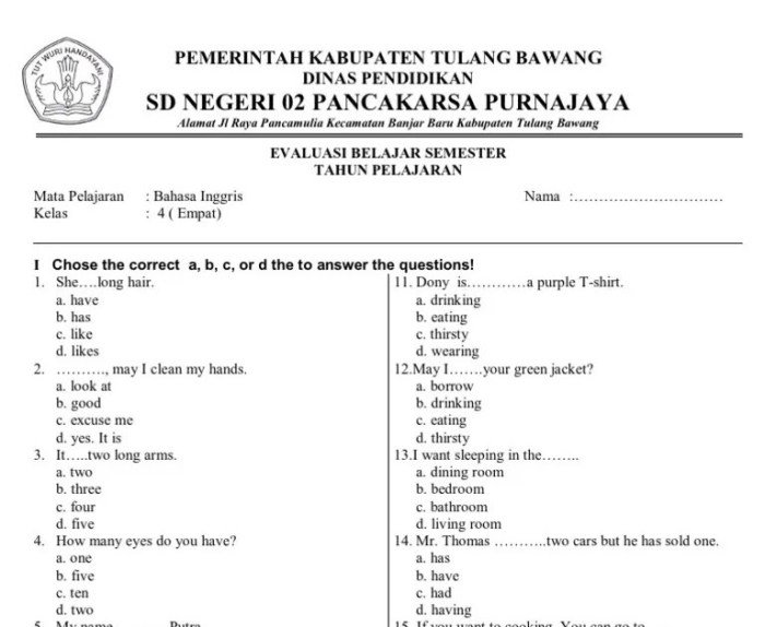 Soal bahasa indonesia kelas 4 semester 2 dan kunci jawaban